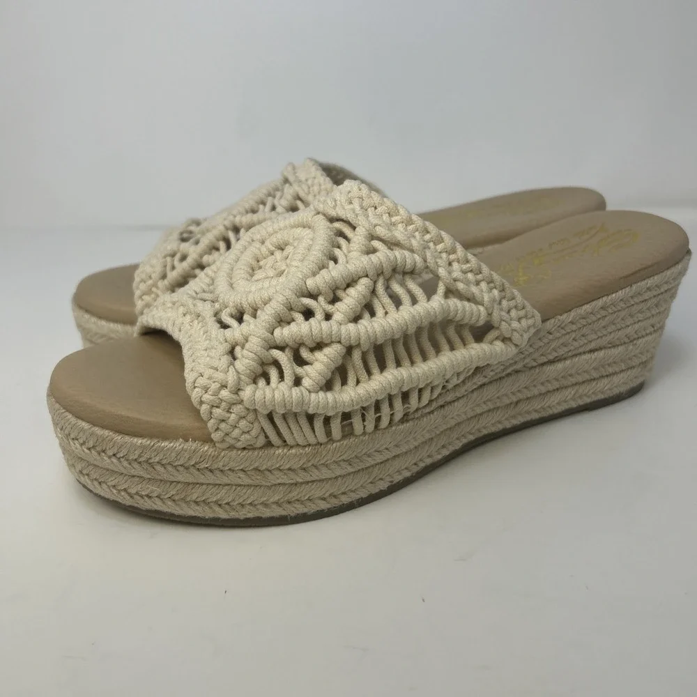 Sbicca Eureka‎ Macrame Wedge Sandals Beige Natural Boho Espadrille Slide Size 9